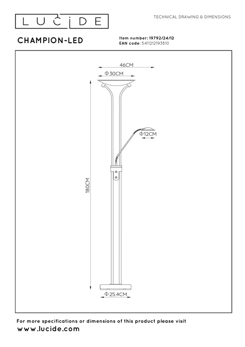Lucide CHAMPION-LED - Lámpara de lectura - Ø 30 cm - LED Regul. - 3000K - Cromo mate - técnico